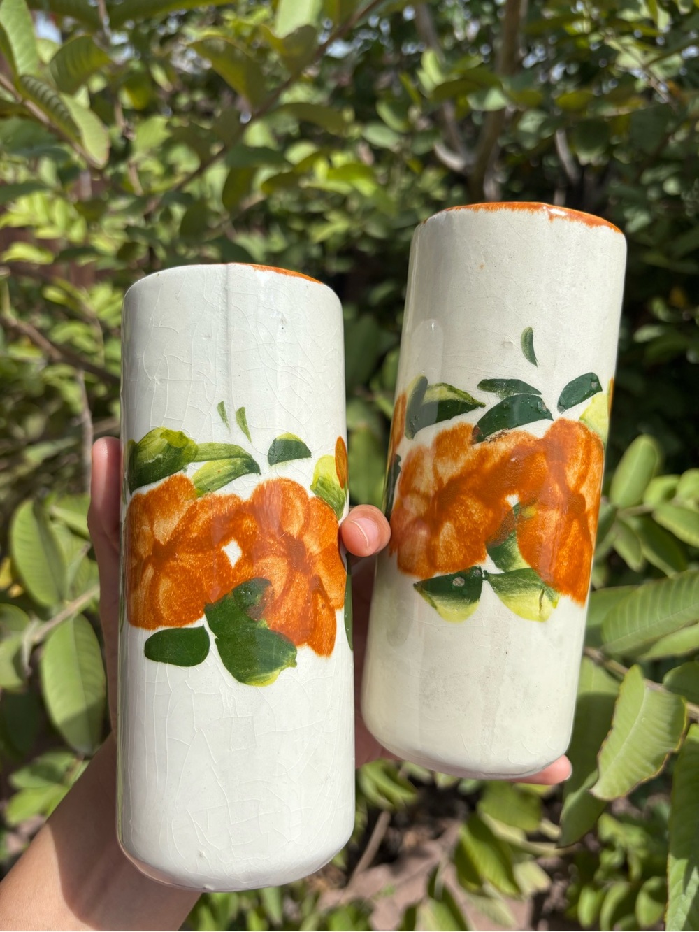 Hand-Painted Orange Floral Ceramic Tumblers Pair